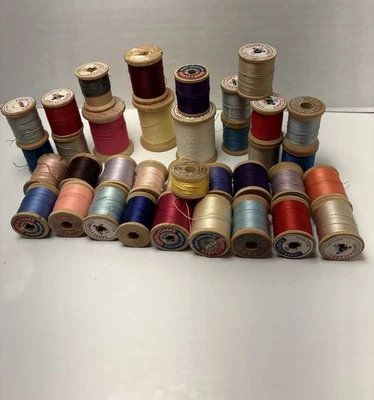 Vintage Lot of 36 Wood Spools W/ Sewing Thread Various Brands Sizes Types+Colors - Image 1 of 4