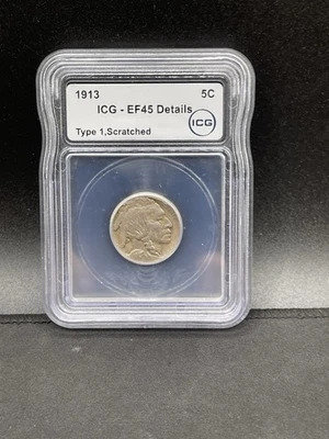 1913 Type 1 Buffalo Nickel 5c, ICG EF45 Scratched - Image 1 of 4