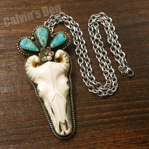 Handgeschnitzter riesiger Widder Totenkopf Anhänger Halskette mit blauem Türkis Western Boho - Bild 1 von 13