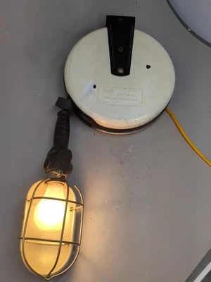 Vintage Extension Cord & Light In A Metal Retractable Reel USA Made Spring Works - Image 1 of 4