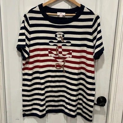 Quacker Factory Anchor’s Away Horray Elbow Sleeve Striped Sweater, Plus size 1X - Image 1 of 4
