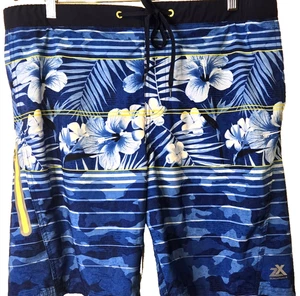 ZeroXposure Men's L Performance Swim Shorts Blue Hawaiian Trunks Lined Pockets - Picture 1 of 13