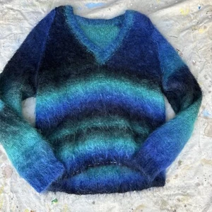 Vintage 1950s 1960s Blue Striped Mohair Knit Sweater Pull Over Jumper Fuzzy - Picture 1 of 15