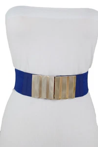 Women Going Out Party Fashion Belt Blue Waisted Gold Metal Buckle Zig Zag S M - Picture 1 of 12
