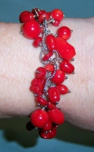 STERLING SILVER AND CORAL BEADED BRACELET w/TOGGLE CLASP - Picture 1 of 5