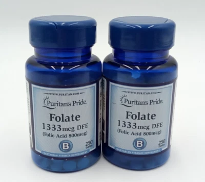 Лот из 2 - Puritan's Pride фолиевая кислота 1333 мкг DFE, 250 таблеток каждая, срок годности: 2/28 - Изображение 1 из 4