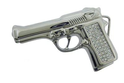 Hebilla de cinturón de pistola plateada cromada metal deslumbrante estilo helado moda hombres mujeres vaquera Foto 1 de 4