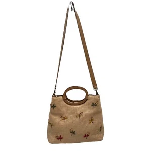 Vintage 00s Fossil Beaded Floral Woven Straw Handbag Crossbody Purse Leather - Picture 1 of 12