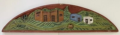 Vintage Mexican Folk Carved Wood Arched Adobe Desert Landscape Wall Relief Panel - Image 1 of 4