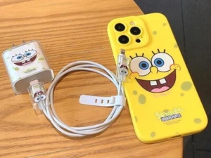 SpongeBob 1 Set Starry Eyes Phone Case & Charger Cable Protector iPhone 16 Pro - Picture 1 of 2