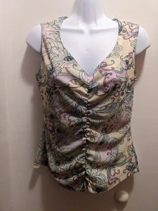 Tribal Women's Small Floral V Neck Gathered Front Sleeveless Blouse - Picture 1 of 7