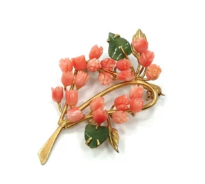 Vintage Angelskin Pink CORAL Roses Bouquet JADE Leaves Gold Toned Brooch Pin - Picture 1 of 5
