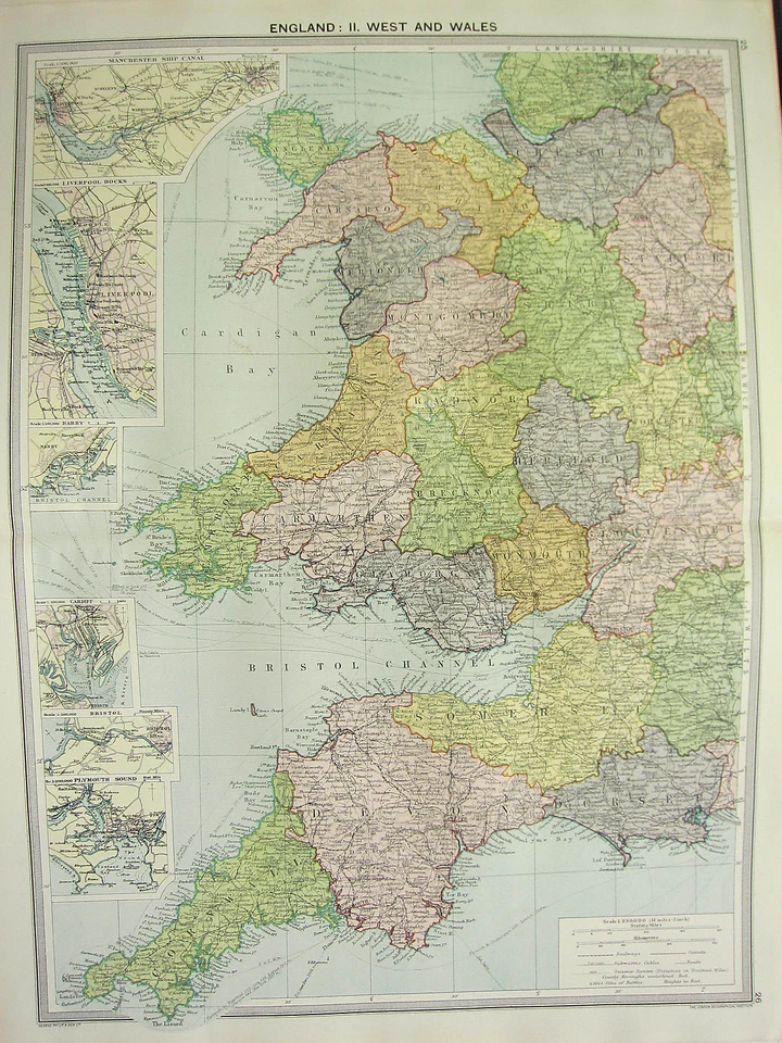 1920 MAPA GRANDE ~ INGLATERRA OESTE Y GALES ~ CORNWALL LIVERPOOL CANAL MANCHESTER, etc. Foto 1 de 1