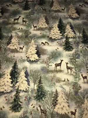 Tecido de Natal floresta vintage 1 jarda sensação bambi árvores veado glitter algodão - Imagem 1 de 4