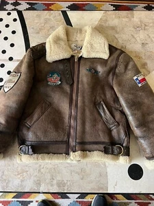 Genuine VINTAGE Shearling SheepSkin DISTRESSED Brown B 4 BOMBER Coat Jacket M - Picture 1 of 11