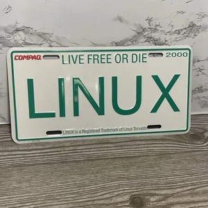 Vintage 2000 LINUX COMPAQ Live Free or Die Promo Stamped Metal License Plate NH - Afbeelding 1 van 5