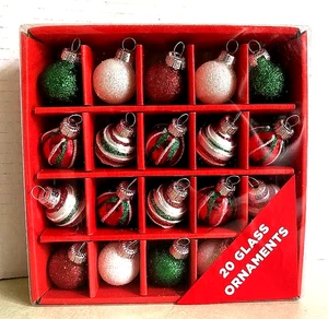 Set Of 20 Christmas Glass Mini Ornaments W/Glitter New in Box - Picture 1 of 5