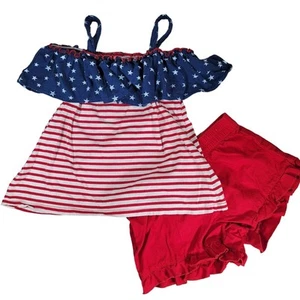 Patriotic Girls Outfit Sz 6/8 Summer Stars Stripes Ruffle Shirt Ruffle Shorts - Picture 1 of 8