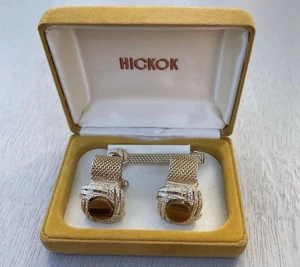 Hickok Tigers Eye Cuff Links & Tie Pin, Very Nice In Box - Picture 1 of 5