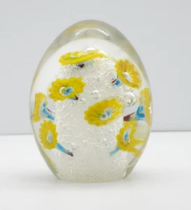 Hand Blown Paperweight Floral Egg Shaped Unsigned Bubbles 4"H Yellow Blue Flower - Picture 1 of 15