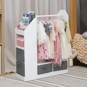 Kids Costume Organizer Rack Armoire Open Hanging Closet with Mirror White - Picture 1 of 12
