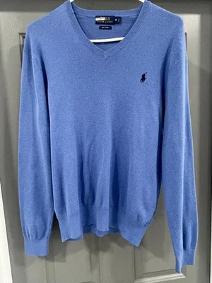 Polo Ralph Lauren Pima Cotton blue long sleeved V-neck jumper Size Medium - Image 1 of 4