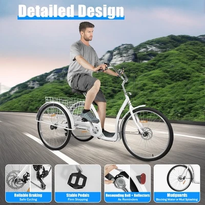 26 Zoll Dreirad 6-Gang Senioren 3-Rad Fahrrad Für Erwachsene Mit Einkaufskorb - Bild 1 von 4