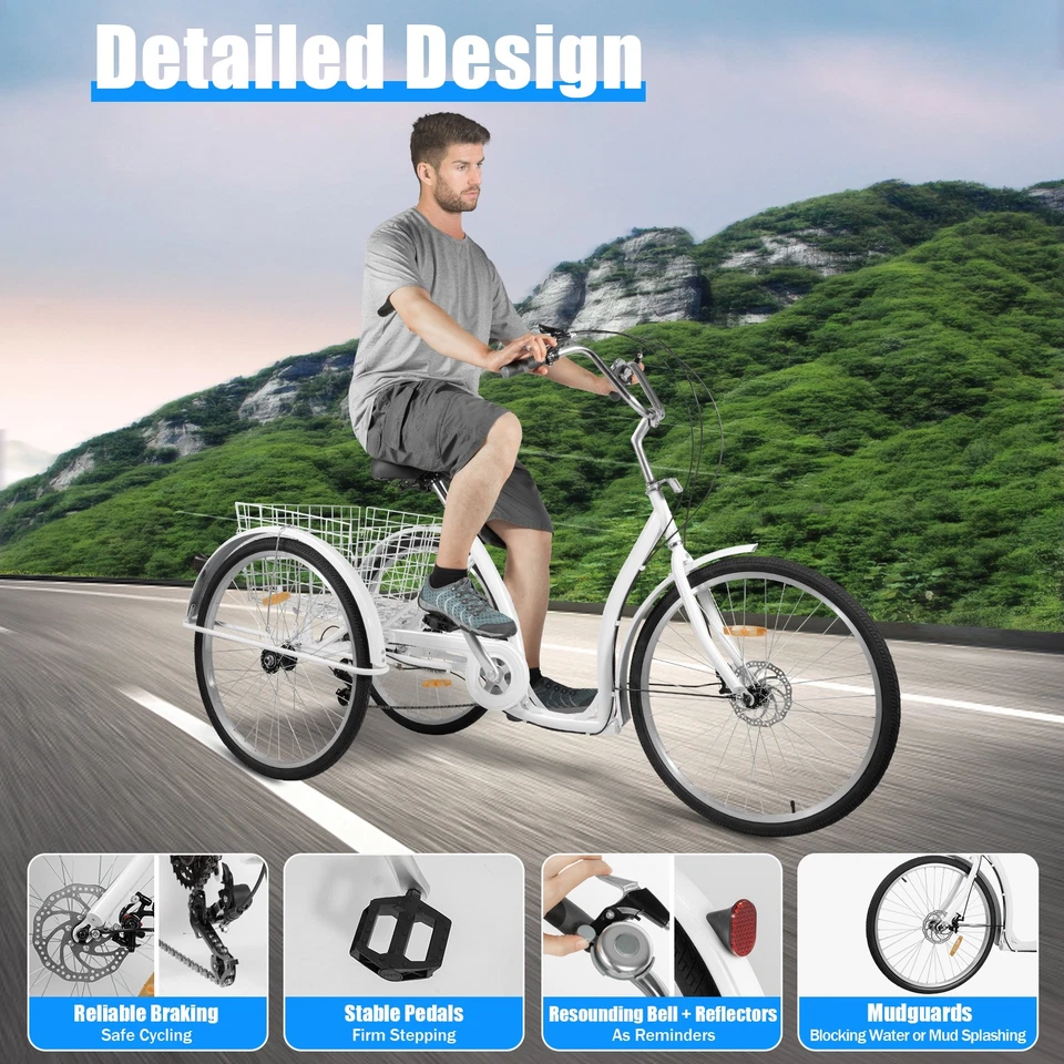 26 Zoll Dreirad 6-Gang Senioren 3-Rad Fahrrad Für Erwachsene Mit Einkaufskorb - Bild 1 von 4