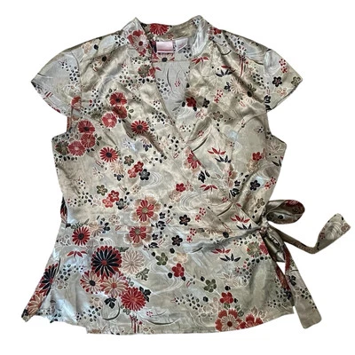 Vintage Y2K Top Large Asian Xhilaration Floral Wrap Satin Fairy Grunge Beige  - Image 1 of 4