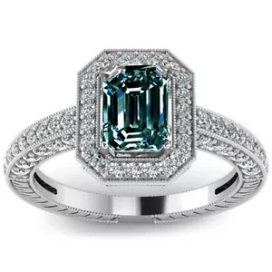 3.28 Ct VVS1- WHITE BROWN BLUE EMERALD CUT MOISSANITE DIAMOND SILVER RING+SIZE 7 - Picture 1 of 4