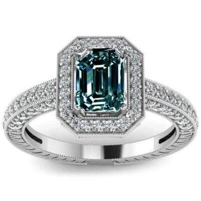 3,27 quilates VVS1: ANILLO DE PLATA DIAMANTE MOISSANITA CORTE ESMERALDA AZUL MARRÓN BLANCO: TALLA 7 Foto 1 de 4