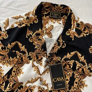 Casa Moda Woven Shirt Short Sleeve Black Good Luxury Baroque Pattern Mens Size M - Picture 1 of 6