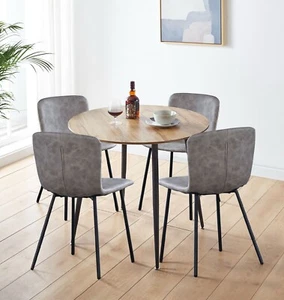 Dining Set, Small Round Kitchen Table 90cm & 4 Taupe Faux Leather Dining Chairs - Picture 1 of 7