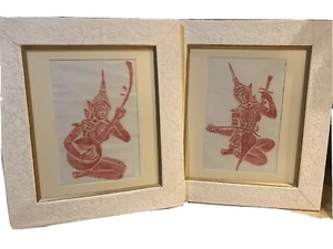 Vintage Siam Musicians Thai Temple Rubbing Framed Pair Pictures Mid Century - Picture 1 of 10
