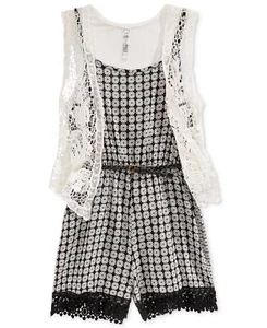 Beautees Girls 3-Pc. Lace Vest, Romper & Belt Set - Picture 1 of 1