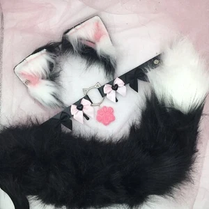 Schwarz weiß Cosplay Kätzchen Katze Stirnband Ohren Schwanz Halsband Halsband Kostüm - Bild 1 von 2