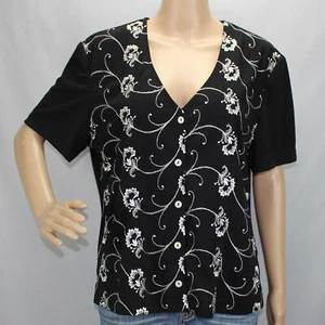 SL Fashions Blusa Mujer Sz 16 Negro Blanco Bordado Flores Botón Frontal USA - Imagen 1 de 8