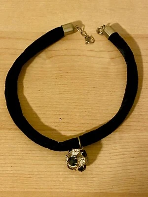 Vintage Silver Tone Black Velvet Choker with White and Black Crystal Ball charm - Image 1 of 3