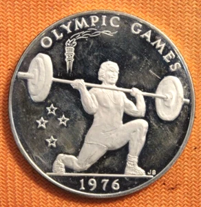 SILVER - WORLD COIN - Proof 1976 Samoa 1 Tala - Olympic Weight Lifter - Picture 1 of 2