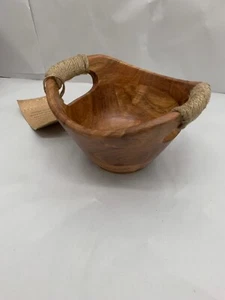NEW! Decorative Wooden Bowl Made in India Woodturning Small with Handles Brown - Picture 1 of 11