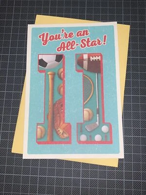Tarjeta de cumpleaños número 11 Hallmark: equipo deportivo fútbol béisbol golf juego encendido Foto 1 de 4