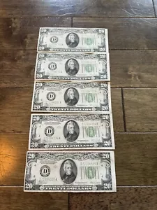 💵(5) 1934c $20 DOLLAR BILL FEDERAL RESERVE NOTES ~CRISP CONSECUTIVE 💵 - Picture 1 of 6