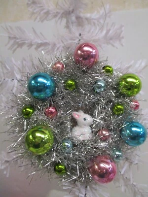 BETHANY LOWE DESIGN INC. Bethany Lowe Easter Silver Tinsel Wreath Ornament with Bunny ~ 4"