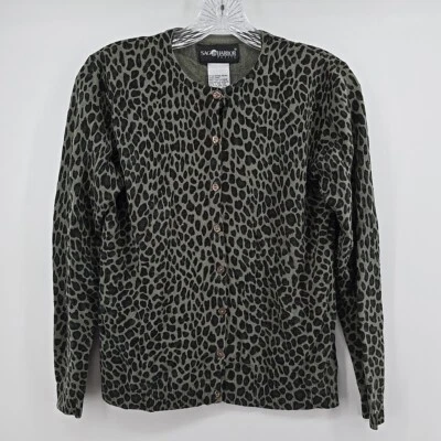 Sag Harbor Petite Small Crew Neck Long Sleeve Full Button Animal Print Cardigan - Image 1 of 4