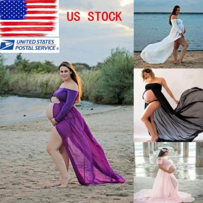 Pregnant Dress Maternity Chiffon Gown Split Photography Dress for Photo Shoot - Image 1 of 4