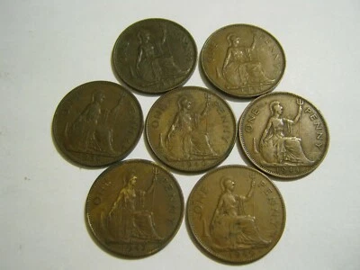 7 Diff Date George VI Bronze Pennies, 1937-40, 1944, '47, '49, VF-XF KM# 848 869 - Image 1 of 4