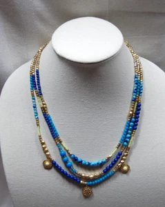 Chico’s Lora Layered Necklace Blue and Gold Beaded Multi Strand Mermaid Style - Picture 1 of 3