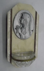 LBC B1 ANCIEN BENITIER VERGE MARIE BOIS VERRE MOULE NACRE 12,5CM SIGNE ESCUDE CR - Picture 1 of 4