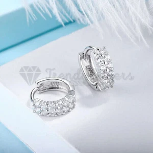 Women 925 Sterling Silver Double Row Sparkling Crystal Huggie Hoop Stud Earrings - Picture 1 of 9