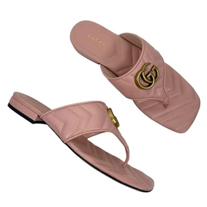 NEW Gucci GG Logo Marmont Leather Thong Flat Sandals Pink Gold Women Size 37.5 - Picture 1 of 13